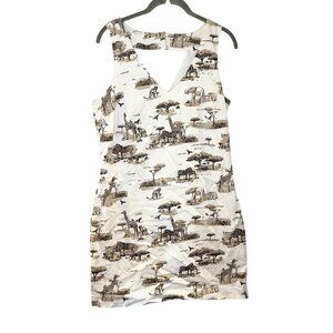 Banana Republic 10 Safari Shift Dress‎ White Tan Africa Animals Halter V-Neck